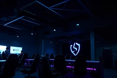 Dimly lit PC bang interior at night with lone employee.