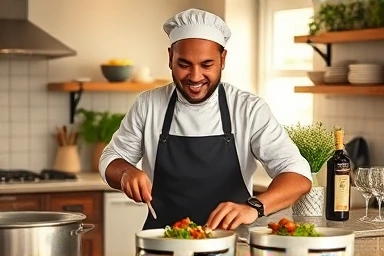 Chef plating a gourmet dish in a home kitchen with warm lighting.