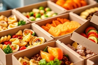 Artfully arranged catering boxes filled with gourmet food.