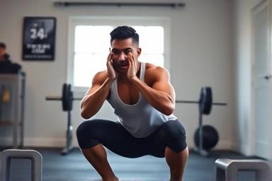 Motivated person performing a squat in a home gym.