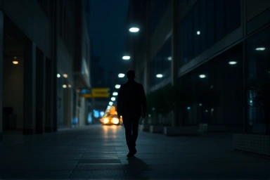 Vigilant person protected by subtle energy on a dark street.