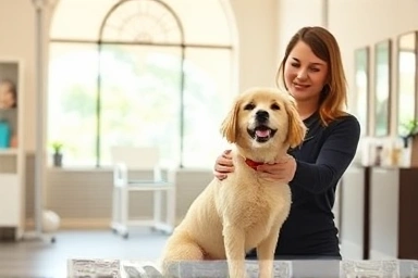 Professional pet grooming salon with happy dog.