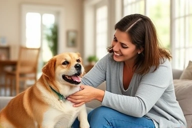 Pet sitter caring for happy dog and cat at home