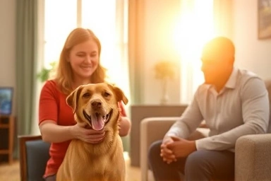 Professional pet sitter caring for a happy dog at home.