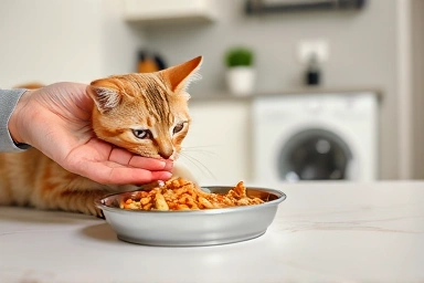 Pet sitter preparing healthy meal for a cat.