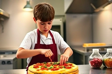 Young person learning pizza making in a bright kitchen.