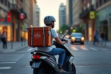 Pizza delivery person on scooter in city at dusk.
