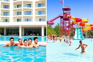 Contrasting swimming pool environments: hotel pool relaxation and water park excitement.