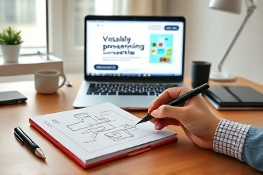 Professional PPT design process, designer's workspace, creative presentation.