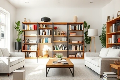 Organized living room with sunlight, showcasing neat storage and calm.
