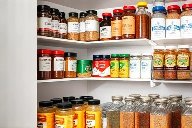 Neatly organized kitchen pantry with labeled jars and sorted food items.
