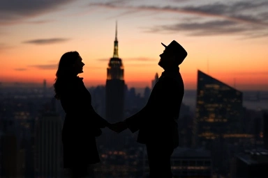 Couple silhouetted against city skyline, romantic proposal