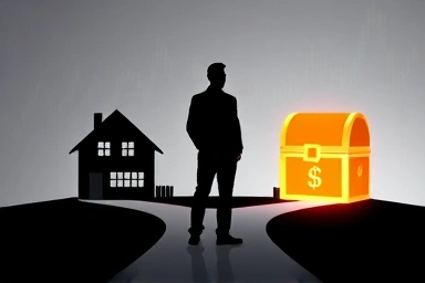 Person at crossroads, one path to house, other to treasure chest.