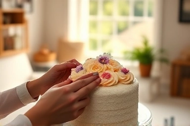 Hand piping buttercream flowers onto a rice cake in a home studio