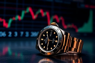 Luxurious Rolex watch with a declining market chart.