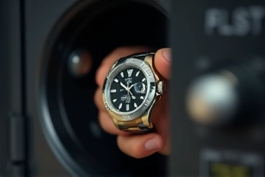 Securing a Rolex watch in a safe for asset preservation.