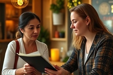 Fortune teller consulting with client in a healing cafe