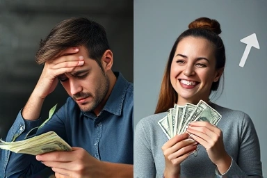 Person stressed by bills transforming to happy with cash.