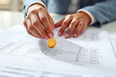 Hands placing coin on building blueprint, symbolizing strategic investment.