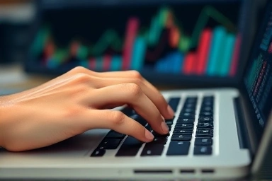 Hand typing code for financial strategy.