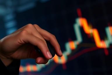 Trader's hand, stock market data, intense focus, rapid action