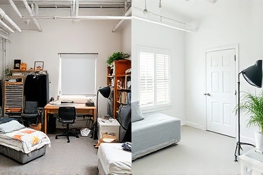 Before and after comparison of a messy to clean studio room