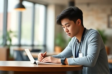 Young adult studying in a quiet study cafe with staff badge