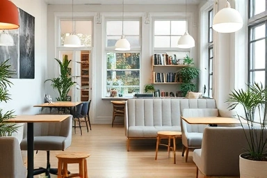 Modern and quiet study cafe interior with comfortable seating.
