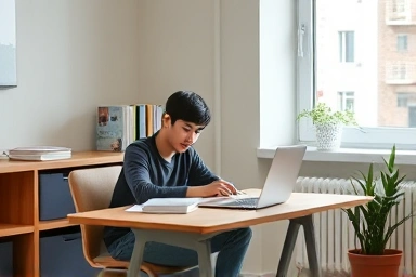 Young person studying in a quiet, well-lit study room.