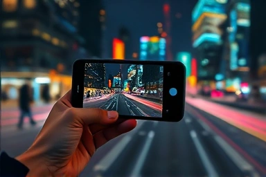 Smartphone capturing timelapse urban landscape