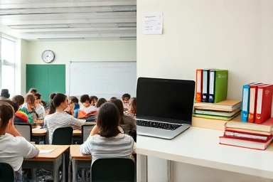 Contrast between busy classroom and calm home desk for tutoring job.