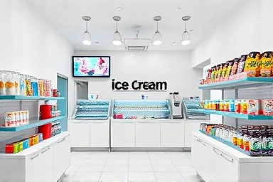 Modern unmanned ice cream store interior, bright and inviting.