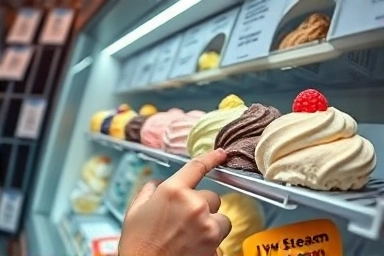 Customer selecting ice cream in an unmanned shop, showcasing product variety.