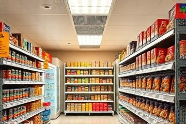 Modern unmanned convenience store interior with organized meal kits.