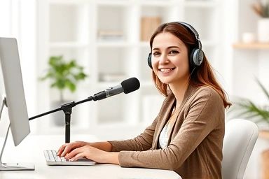 Woman recording voice for side hustle at home