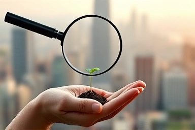 Hand investing in startup seedling with magnifying glass.