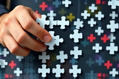 Hands assembling complex digital puzzle pieces for business growth.