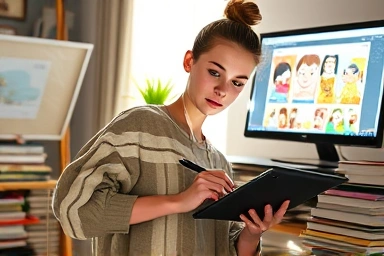 Artist working on a digital tablet in a home studio.
