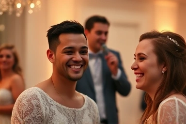 Wedding singer performing for a happy couple and guests.