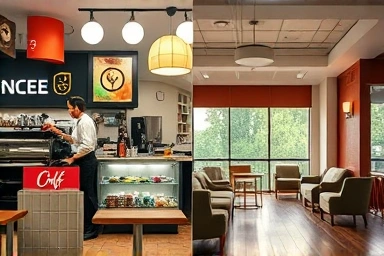 Busy cafe work environment and comfortable employee break area.