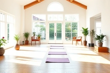 Serene yoga studio interior with natural light and quality equipment.