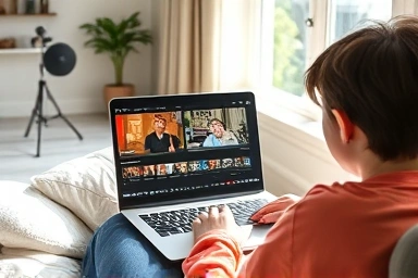 Person editing YouTube video on laptop, remote work