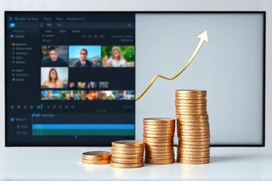 Video editing timeline and growing money symbolizing income