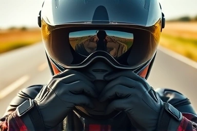Rider adjusting full-face helmet strap on open road.