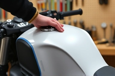 Customized BMW R nineT fuel tank with rider's hand