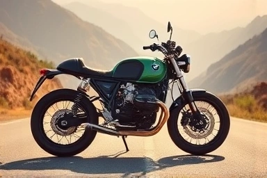 BMW R nineT with custom wheels and seat on mountain road