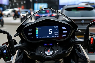 Motorcycle dashboard, advanced tech, connectivity.