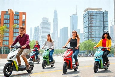 Eco-friendly electric scooters in a bustling, modern city.