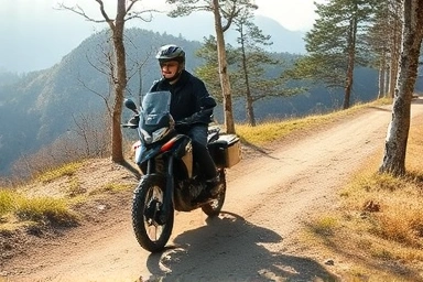 Beginner offroad motorcycle rider on scenic Gyeongsang Province trail