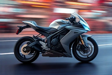Futuristic electric motorcycle in motion, advanced technology.